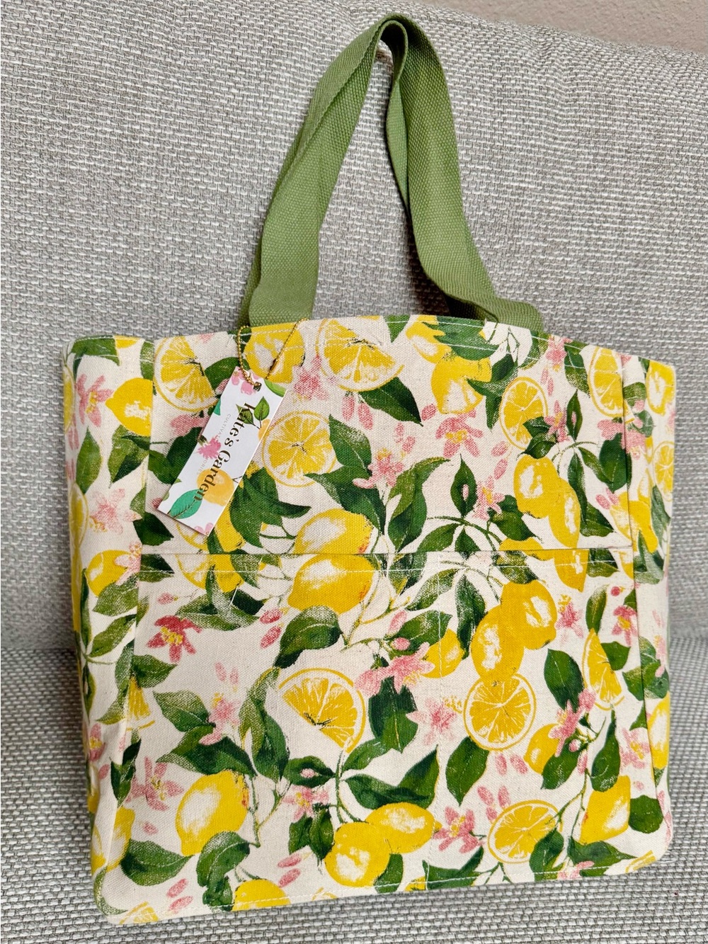 🍋 Lemons Print Canvas Book Bag Tote Shoulder Bag Pink Florals & Green Leaves NWT - Picture 4 of 8